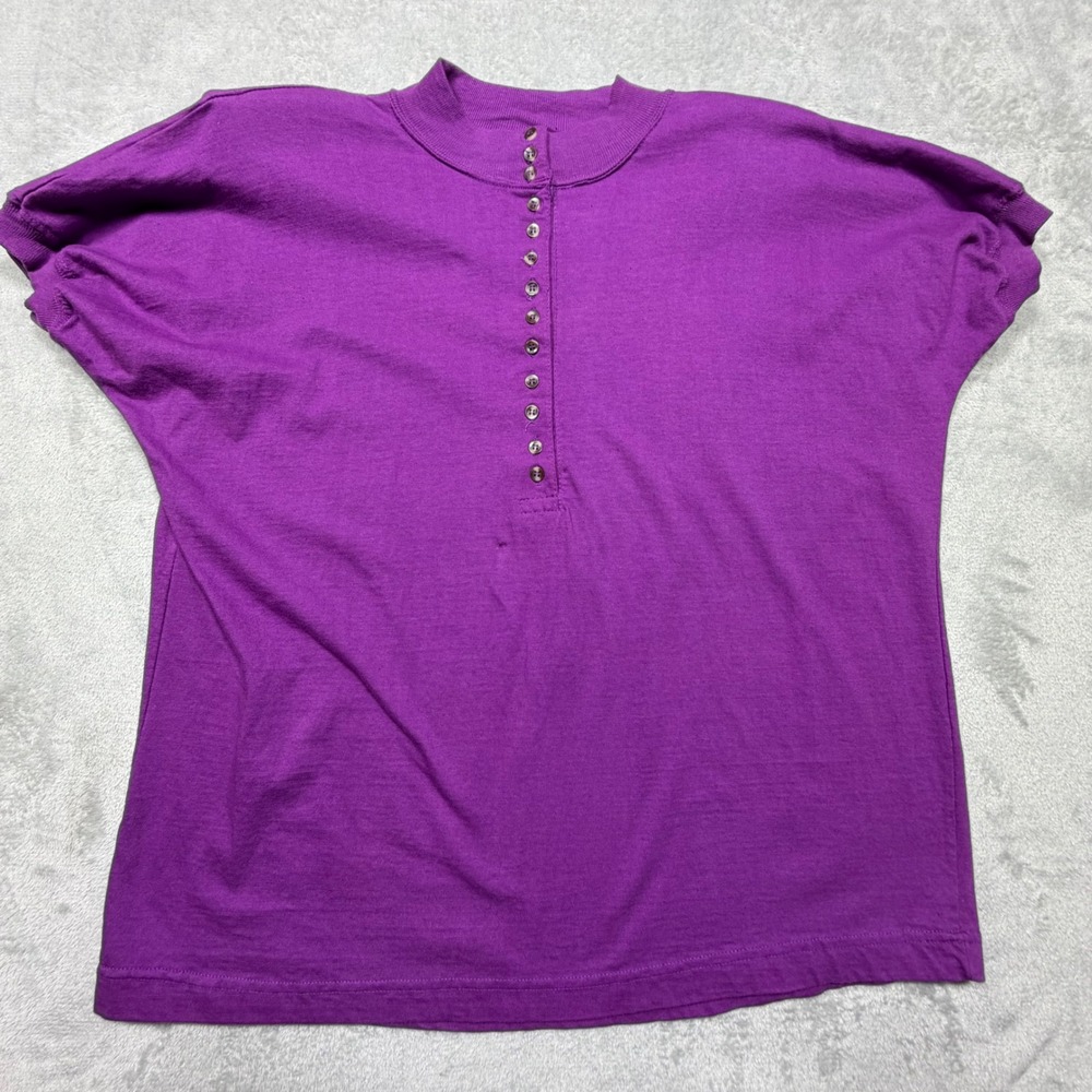 Vintage 90s Item II Purple Henley Top Size S 100% Cotton Short Sleeve Mock Neck